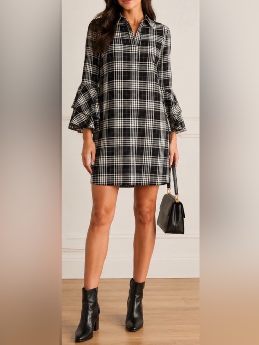 Alice + Olivia Jem Plaid Ruffle Bell Sleeve Shirt Dress Black White Size M